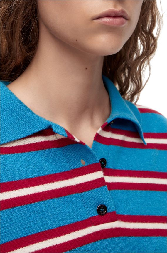 Loewe Women Stripe polo collar sweater in wool Blue/Red LH60R988