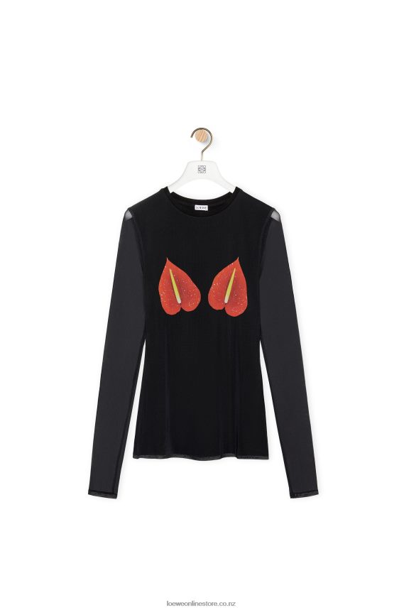 Loewe Women Anthurium top in semi sheer mesh Black/Red LH60R882