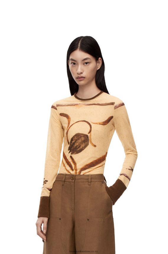 Loewe Women Flower print top in mesh Light Beige/Brown LH60R928