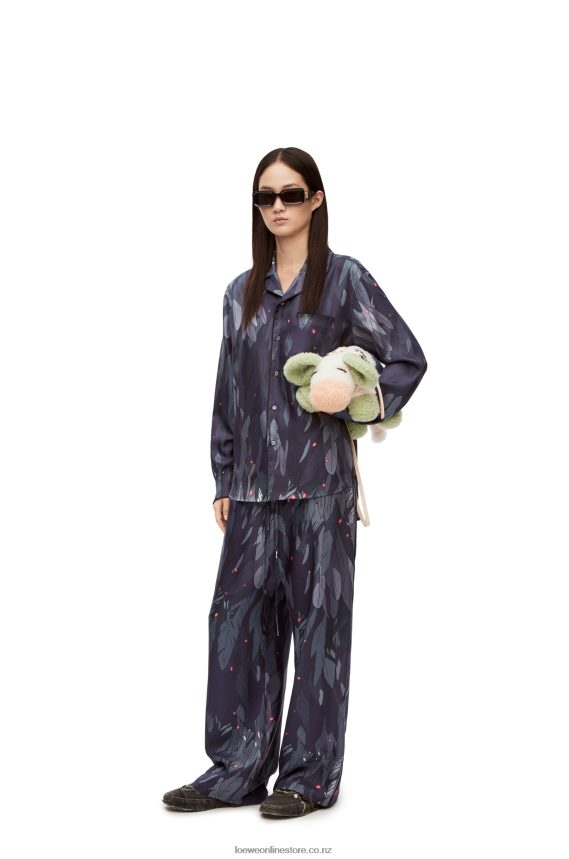 Loewe Women Feathers pyjama blouse in silk Navy Blue LH60R944