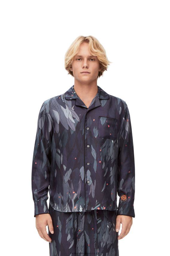 Loewe Women Feathers pyjama blouse in silk Navy Blue LH60R944