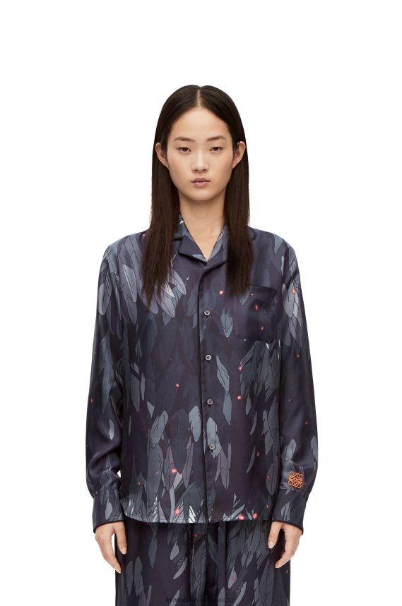 Loewe Women Feathers pyjama blouse in silk Navy Blue LH60R944