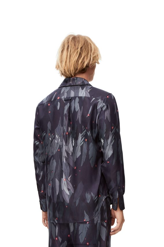 Loewe Women Feathers pyjama blouse in silk Navy Blue LH60R944