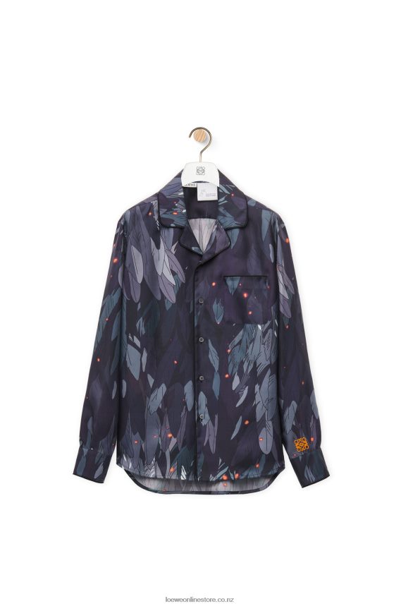 Loewe Women Feathers pyjama blouse in silk Navy Blue LH60R944