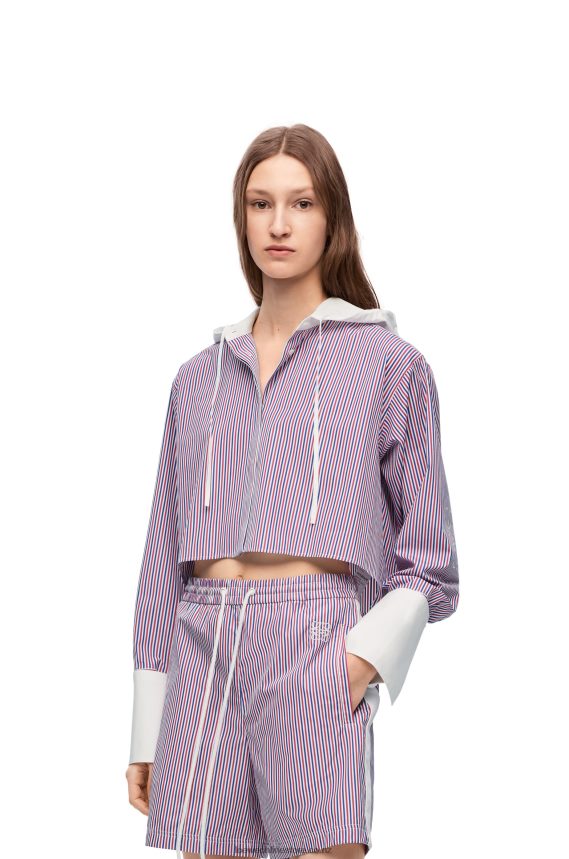 Loewe Women Cropped hooded shirt in striped cotton Blue/Red LH60R857