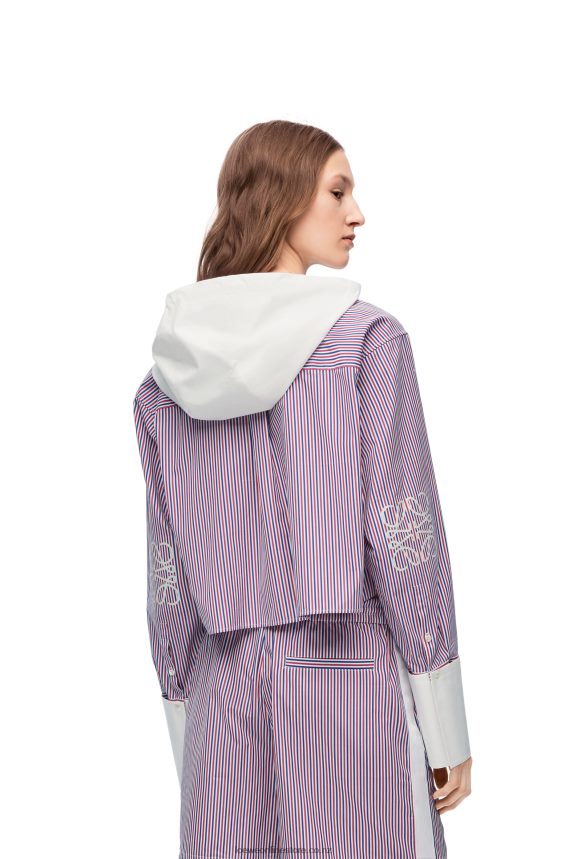 Loewe Women Cropped hooded shirt in striped cotton Blue/Red LH60R857