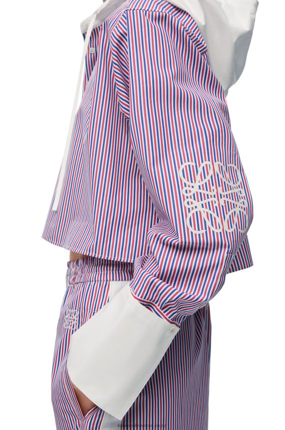 Loewe Women Cropped hooded shirt in striped cotton Blue/Red LH60R857