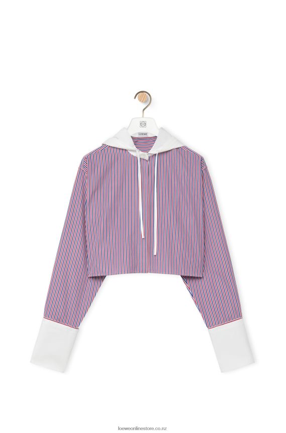 Loewe Women Cropped hooded shirt in striped cotton Blue/Red LH60R857