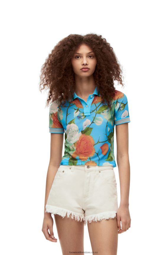 Loewe Women Roses cropped polo top in mesh Blue/Multicolor LH60R790