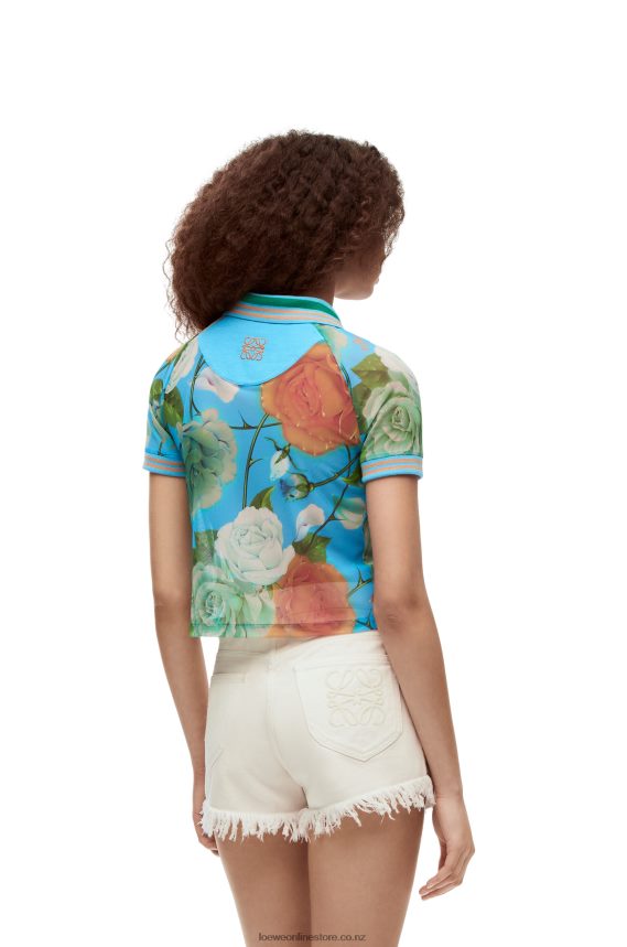 Loewe Women Roses cropped polo top in mesh Blue/Multicolor LH60R790