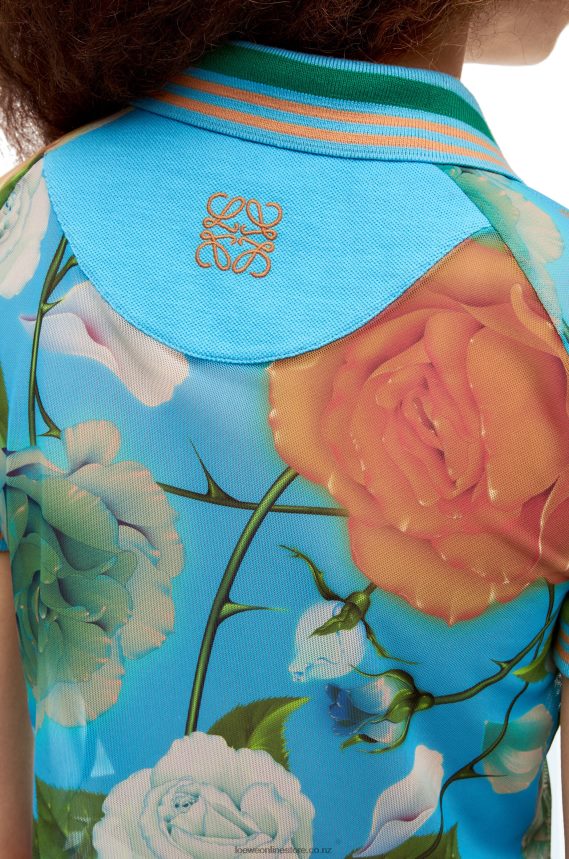 Loewe Women Roses cropped polo top in mesh Blue/Multicolor LH60R790