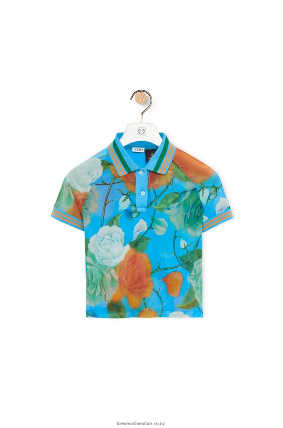 Loewe Women Roses cropped polo top in mesh Blue/Multicolor LH60R790